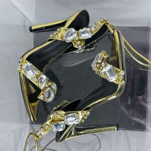 Gold Crystal Lace-Up Gladiator Heels EU 38 US 7.5 8 Stiletto Prom